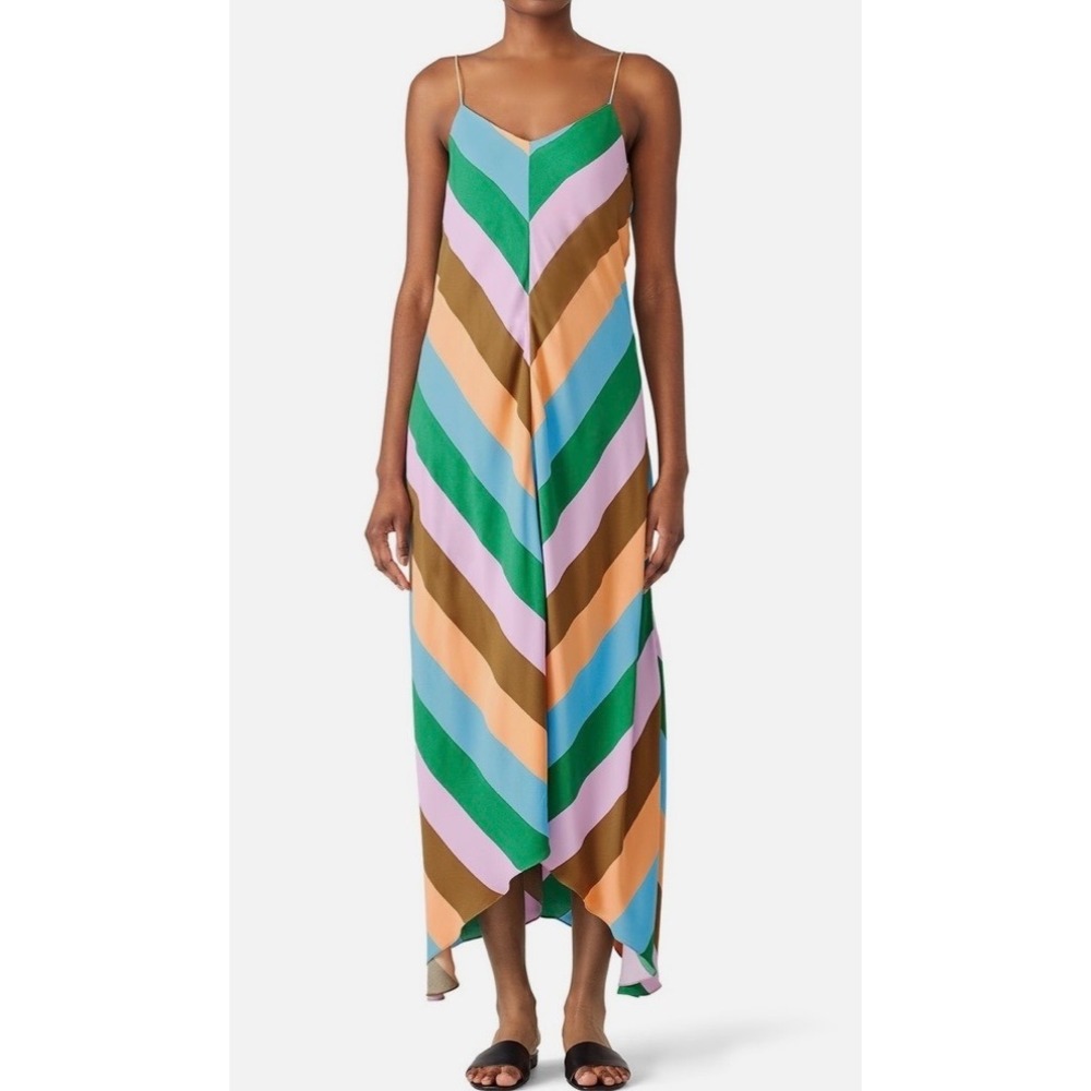 Tibi Julian Stripe Maxi Dress Chevron Rainbow Size 8 V Neck Spaghetti Strap